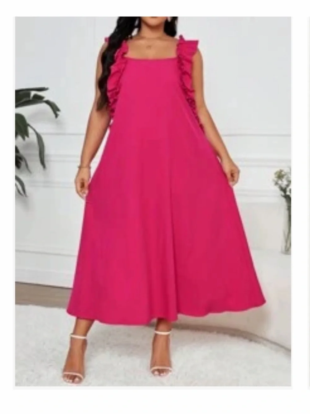Fuchsia Ruffle-Shoulder Midi Dress - Picture 1 of 5